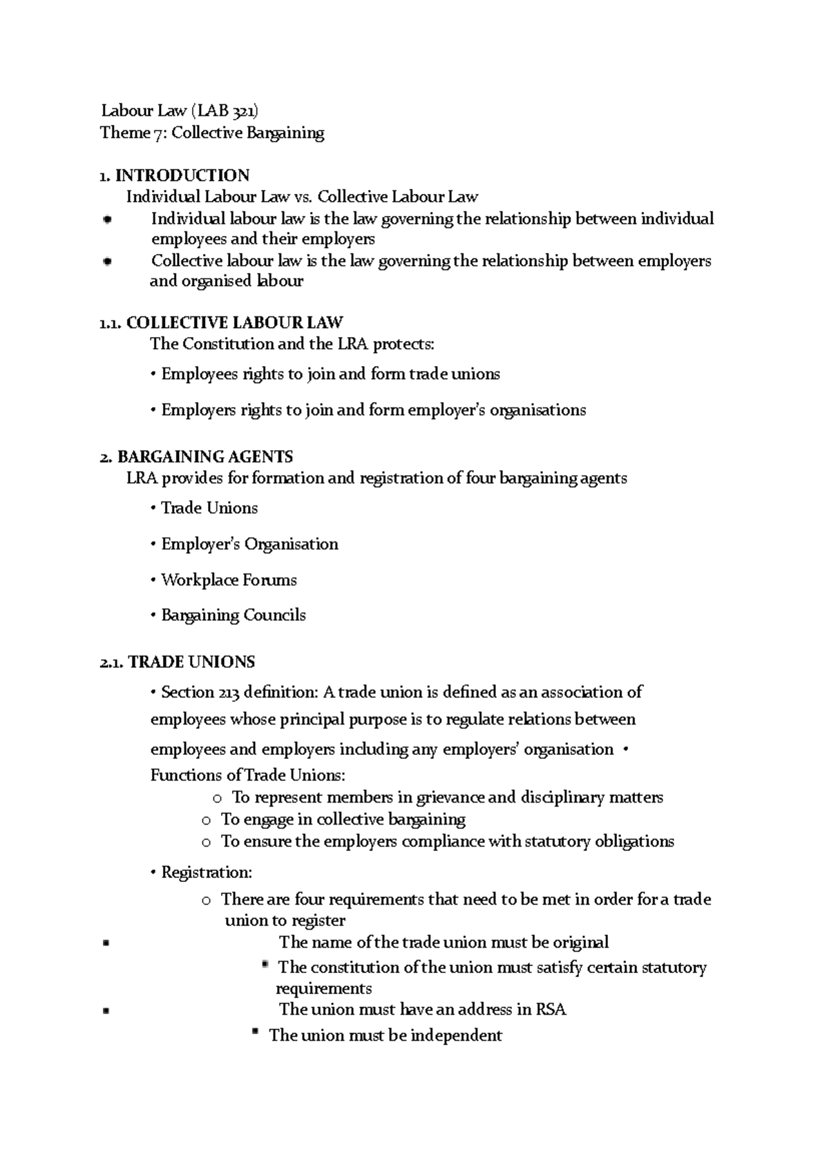 Collective Labour Law Overview Lab L 7 Studocu