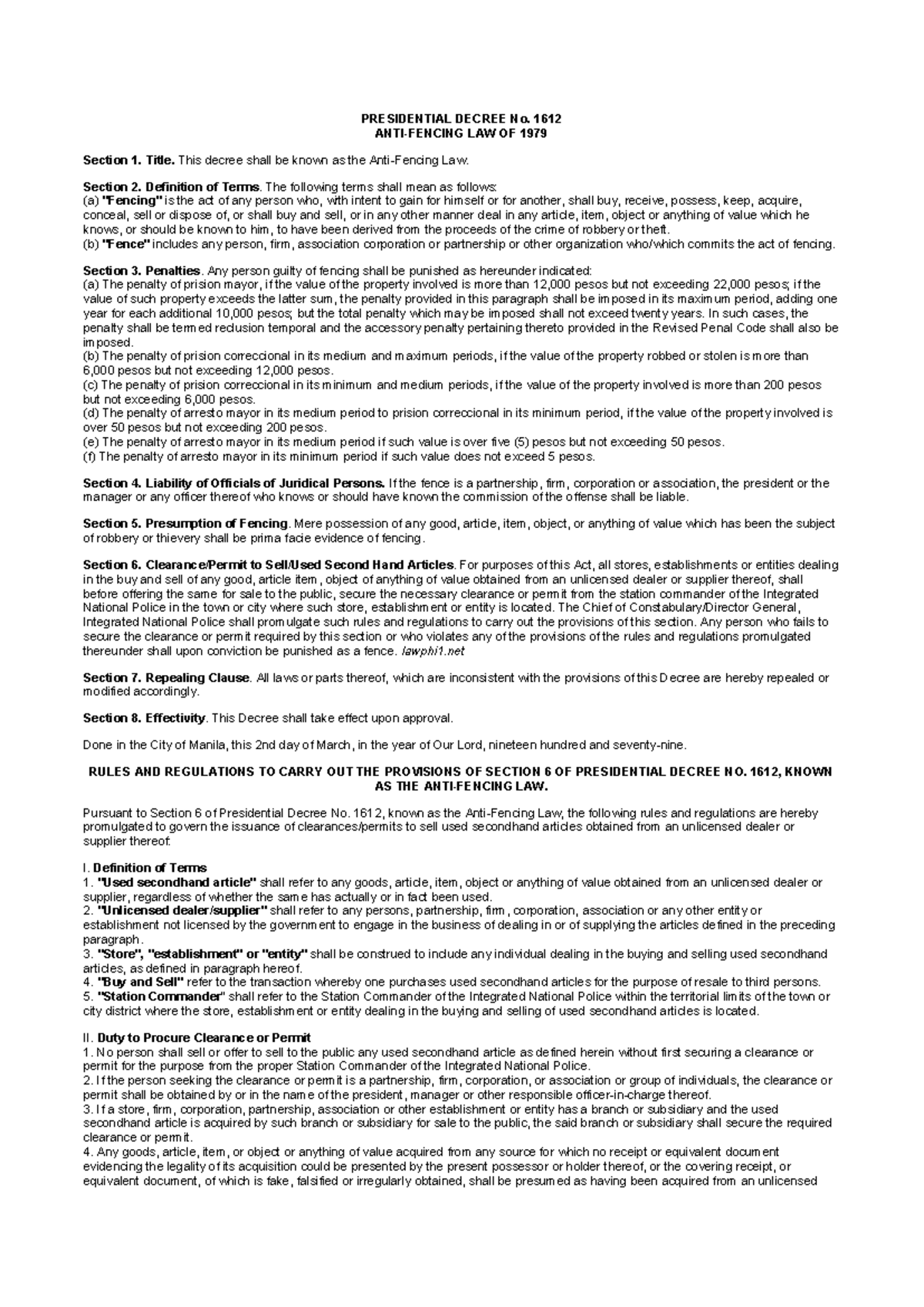 PD 1612 Anti-Fencing Law of 1979: Provisions and Regulations - Studocu