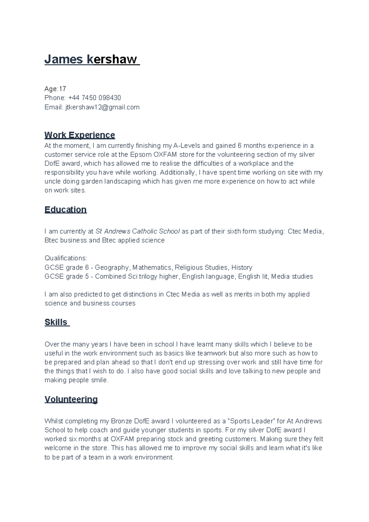 CV - James Kershaw: Work Experience & Education Summary - Studocu