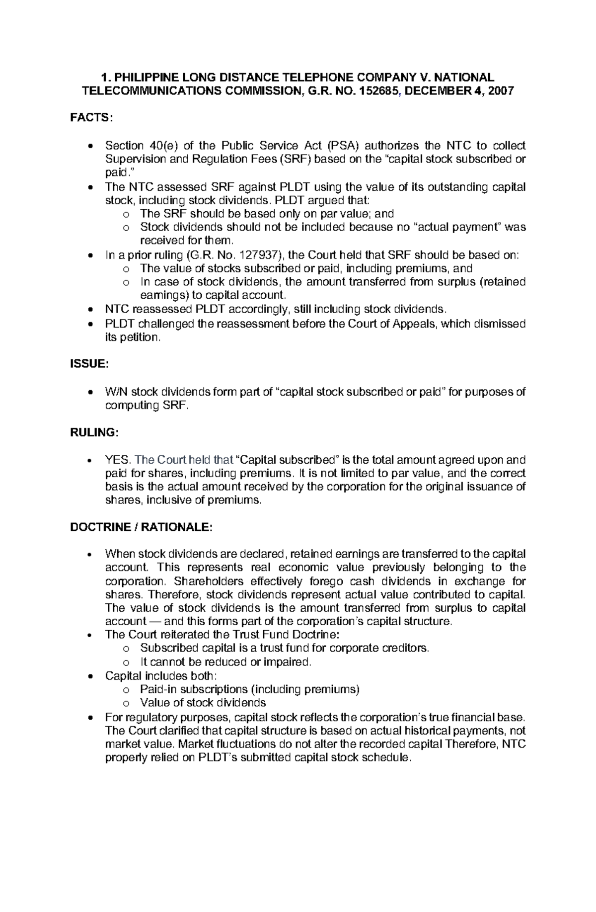 Corporation Law Case Summaries: Key Rulings & Doctrines - Studocu