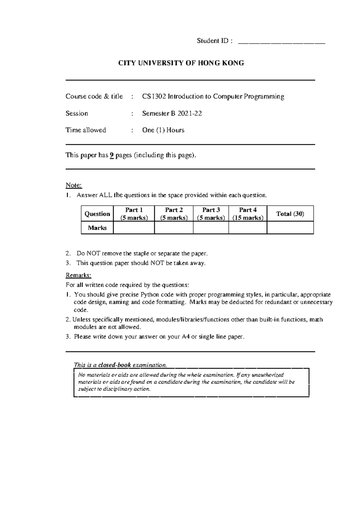 24-25mid Term - Mid Term Exam - Part 1 (10 marks) Multiple choice ...