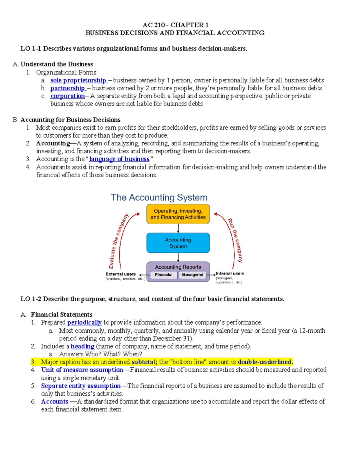 ACC 210- Chapter 1 Handout - AC 210 - CHAPTER 1 BUSINESS DECISIONS AND ...
