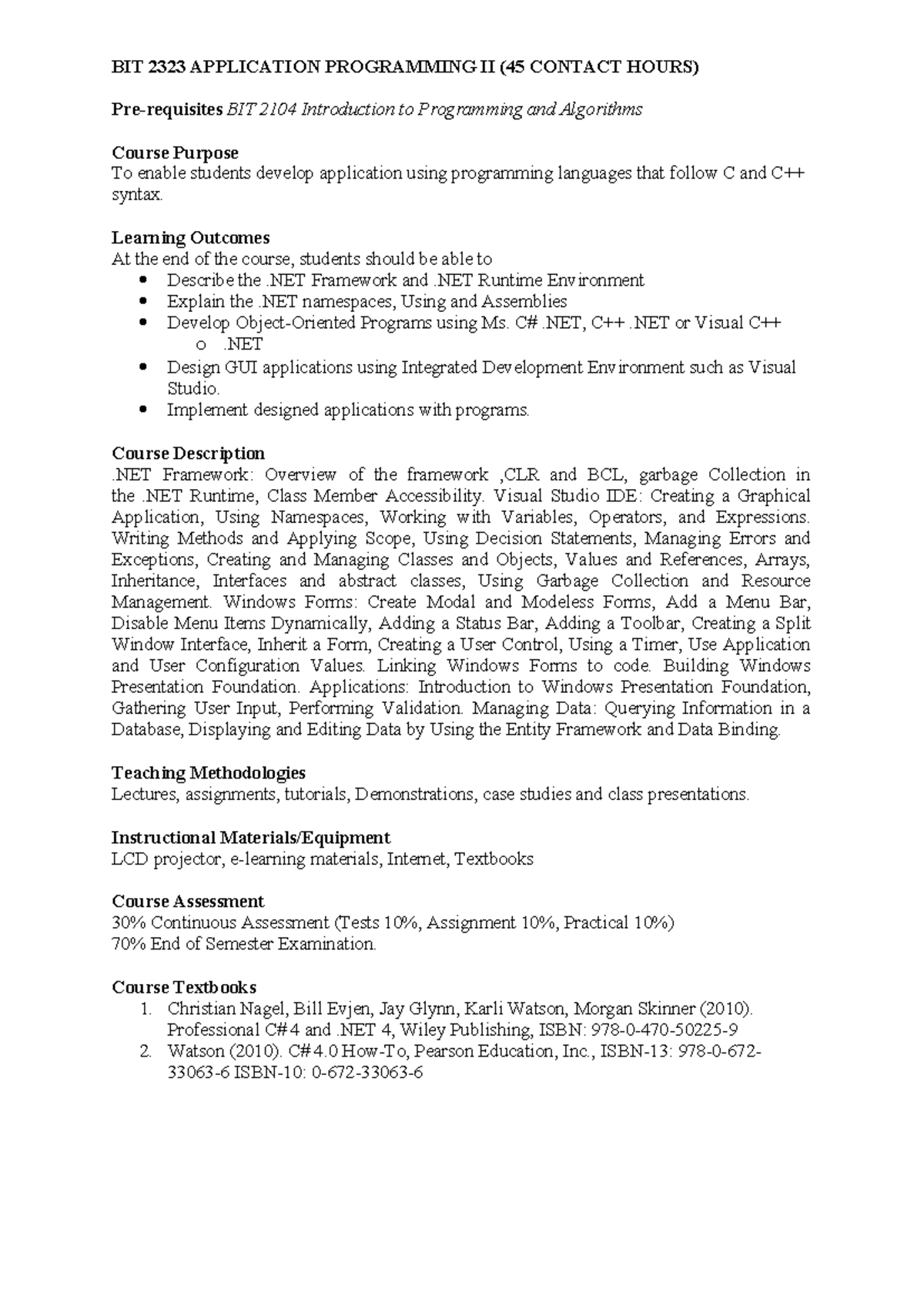Course Outline Application Programming - BIT 2323 APPLICATION ...