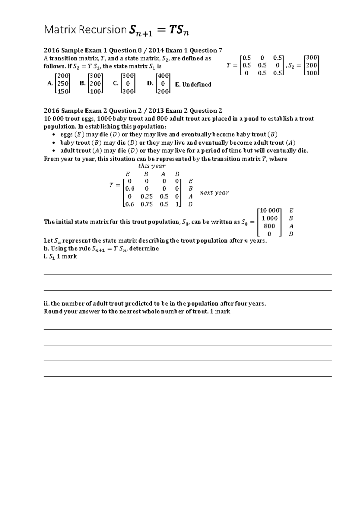 Matrix Recursion: Transition Analysis for Exam Questions 2016-2023 ...
