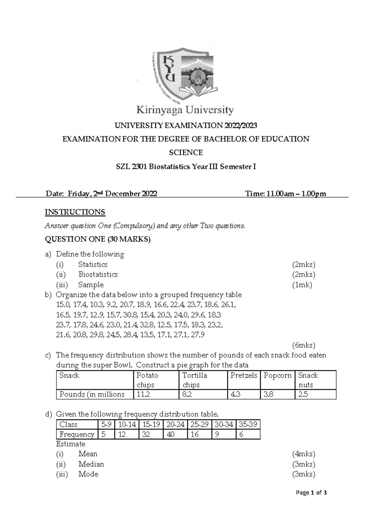 SZL 2301 Biostatistics Final Exam Questions and Instructions - Studocu