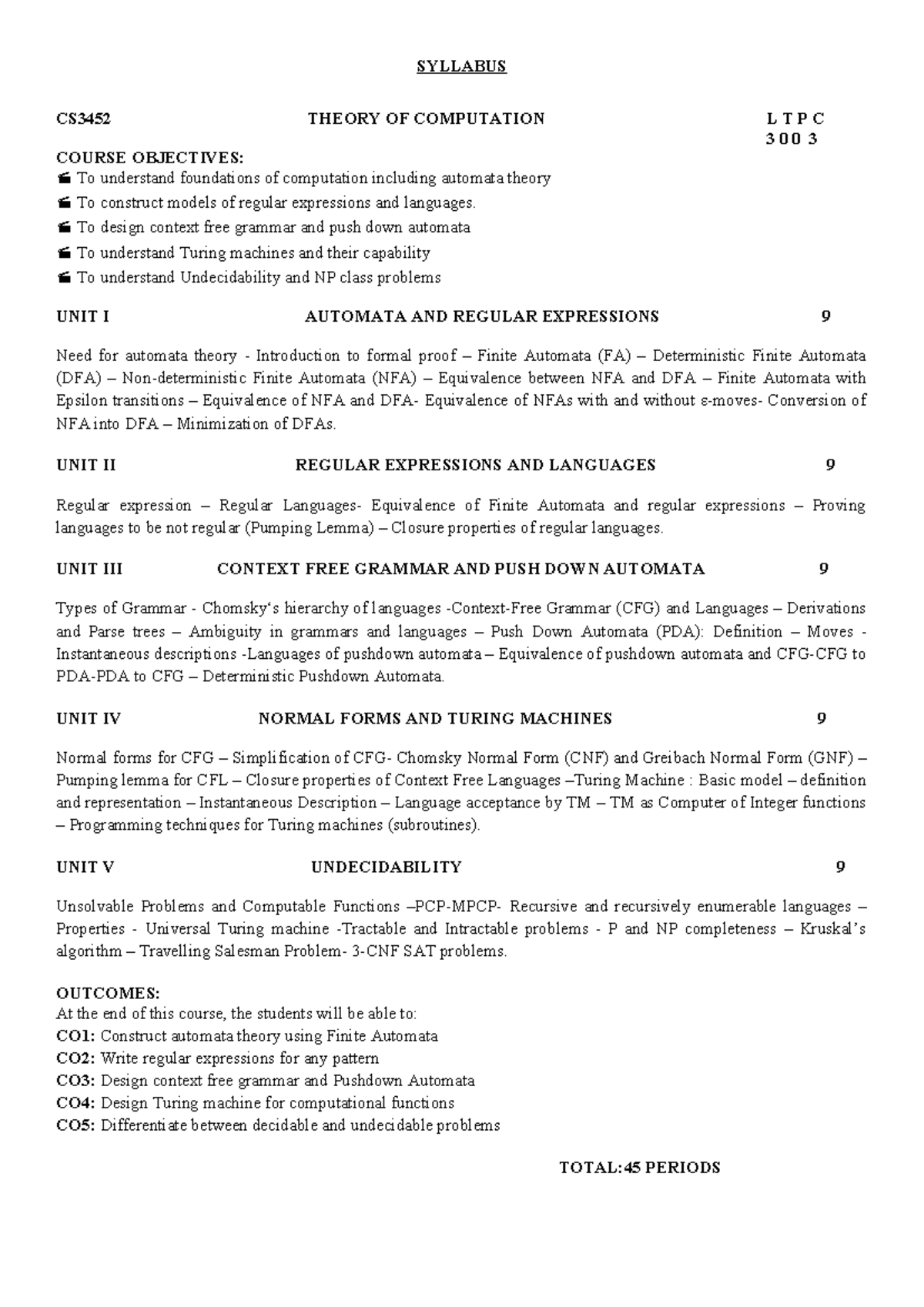 CS3452 - Theory of Computation - Course Syllabus Overview - Studocu