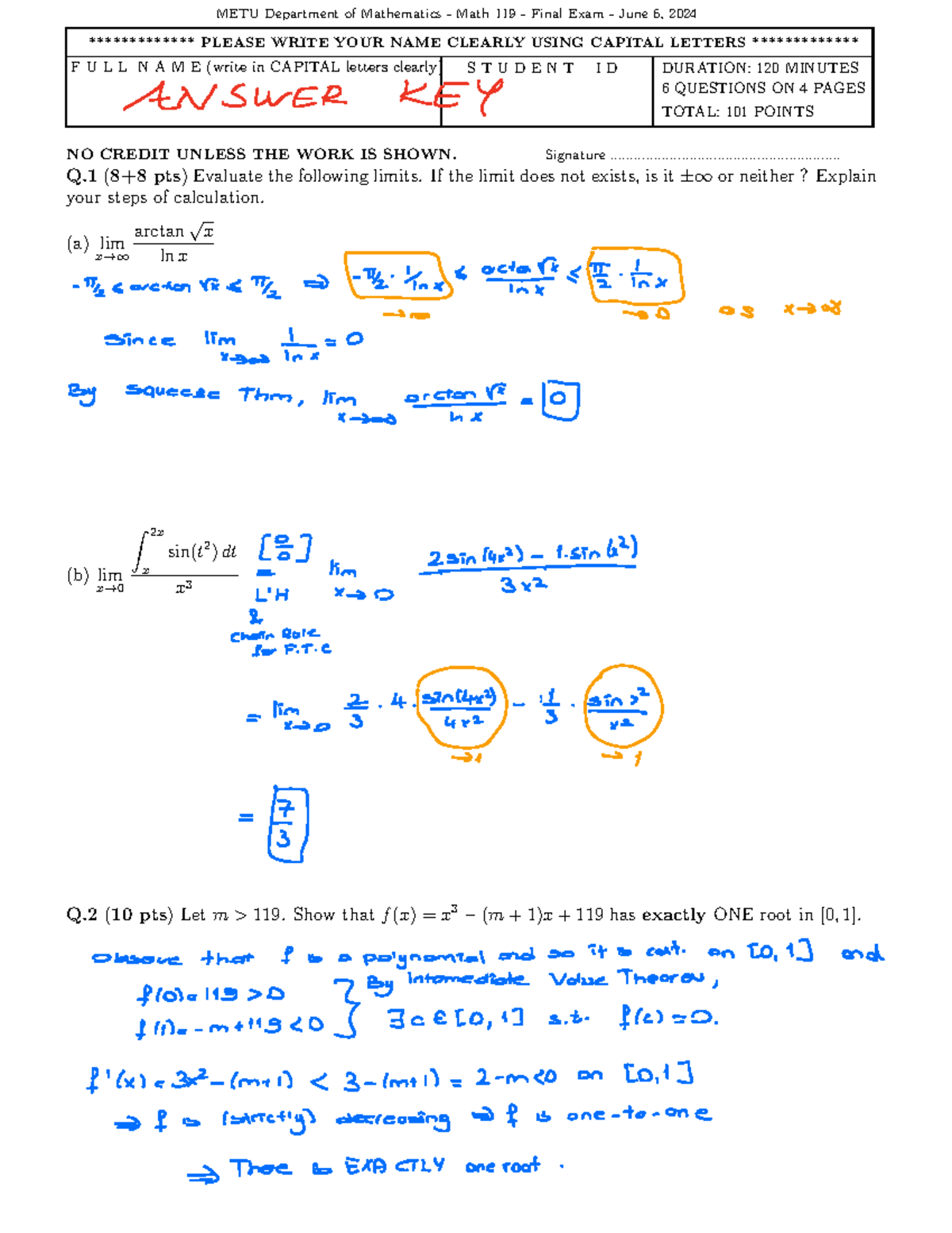 Math 119 Final Exam - June 6, 2024 - METU Mathematics Department - Studocu