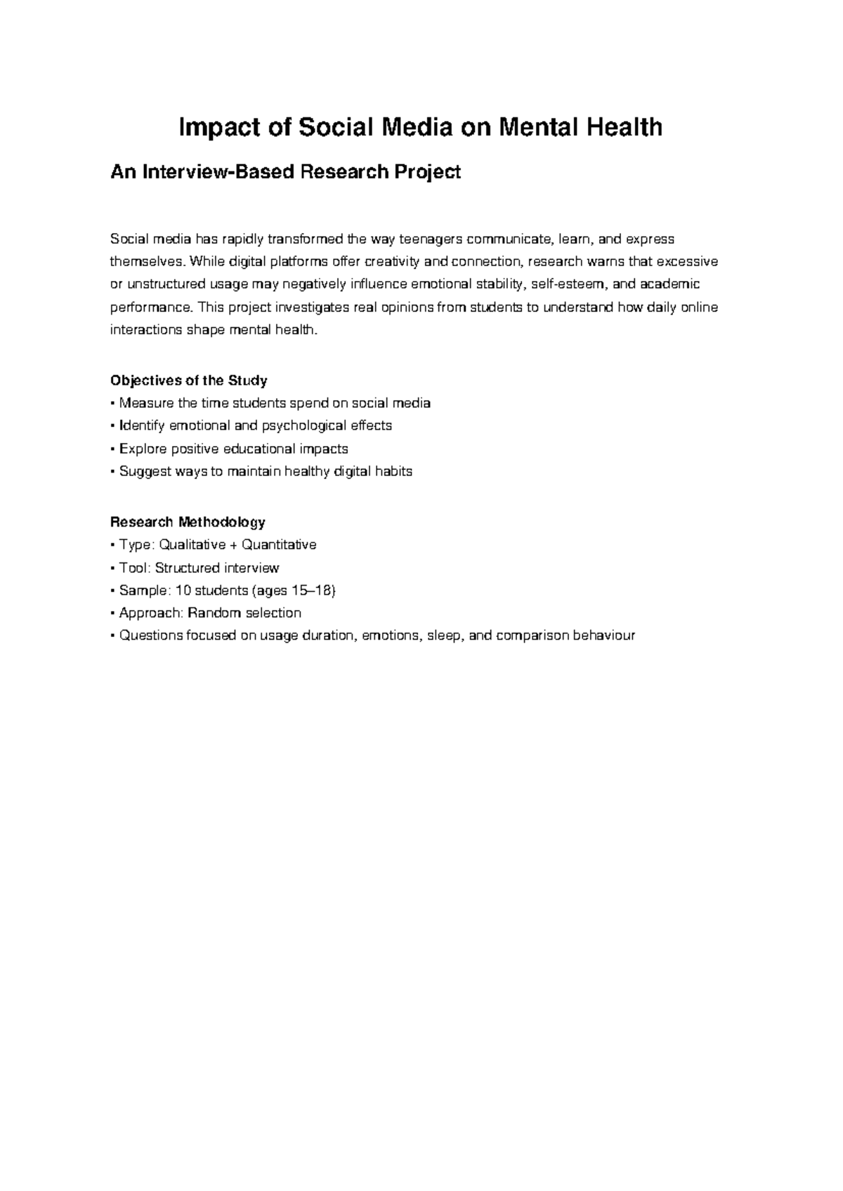 Impact of Social Media on Mental Health: A Research Project - Studocu