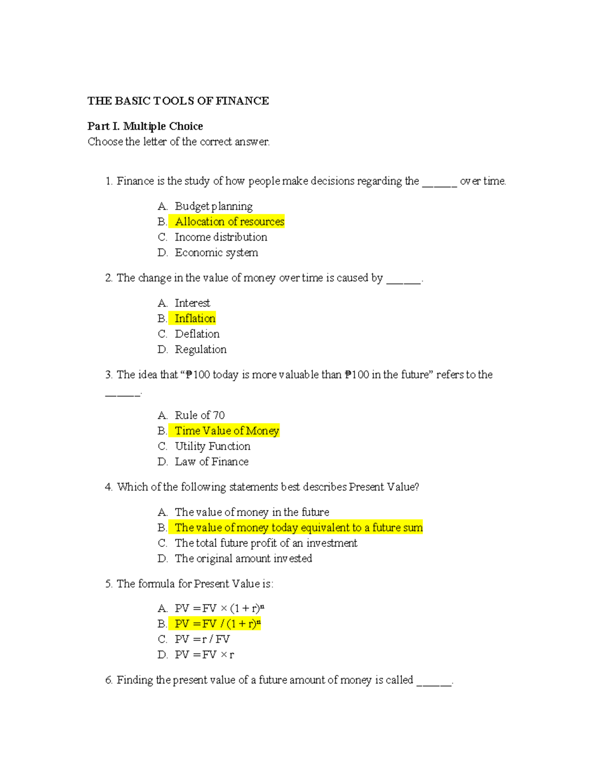 Answer Key: THE BASIC TOOLS OF FINANCE (Part I & II) - Studocu