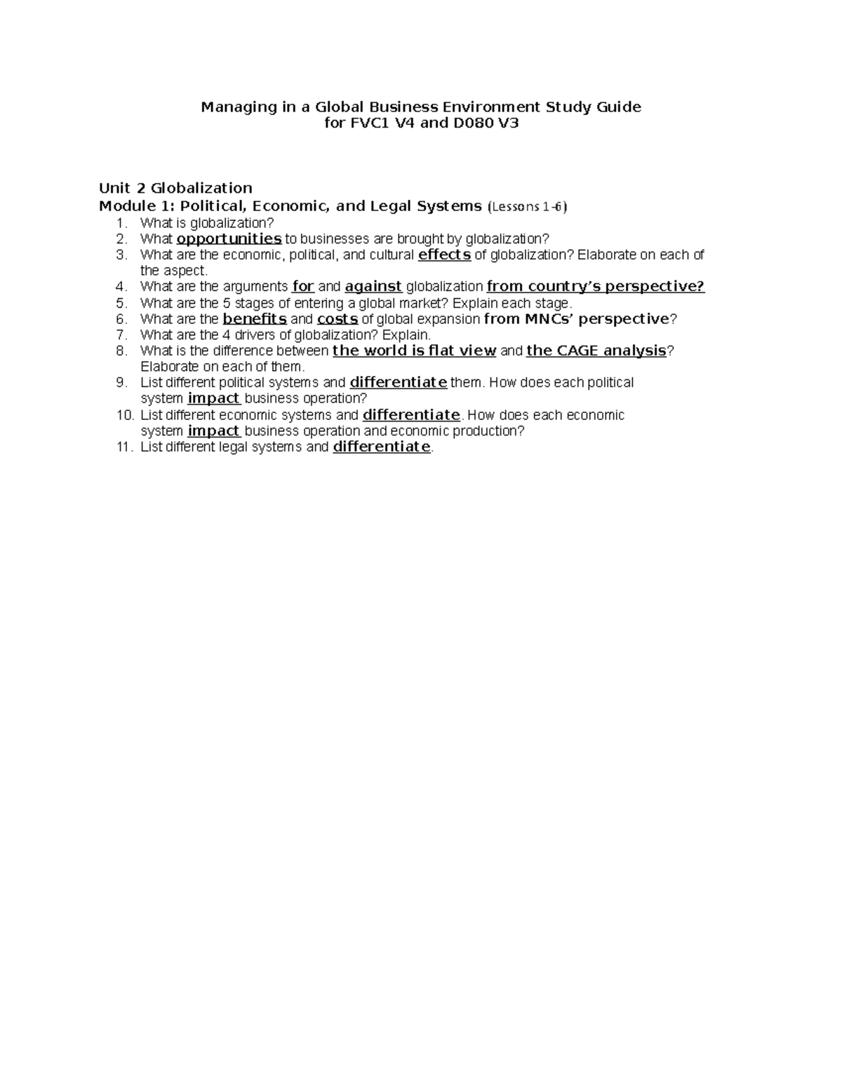 D080 V3-FVC1 V4 Study Guide M1 - Managing in a Global Business ...