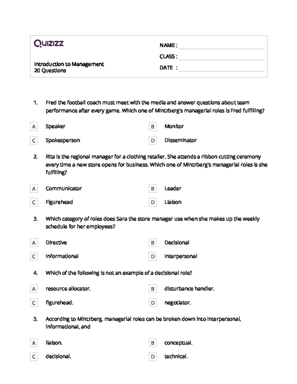 Introduction to Management Introduction to Management 20 Questions ...