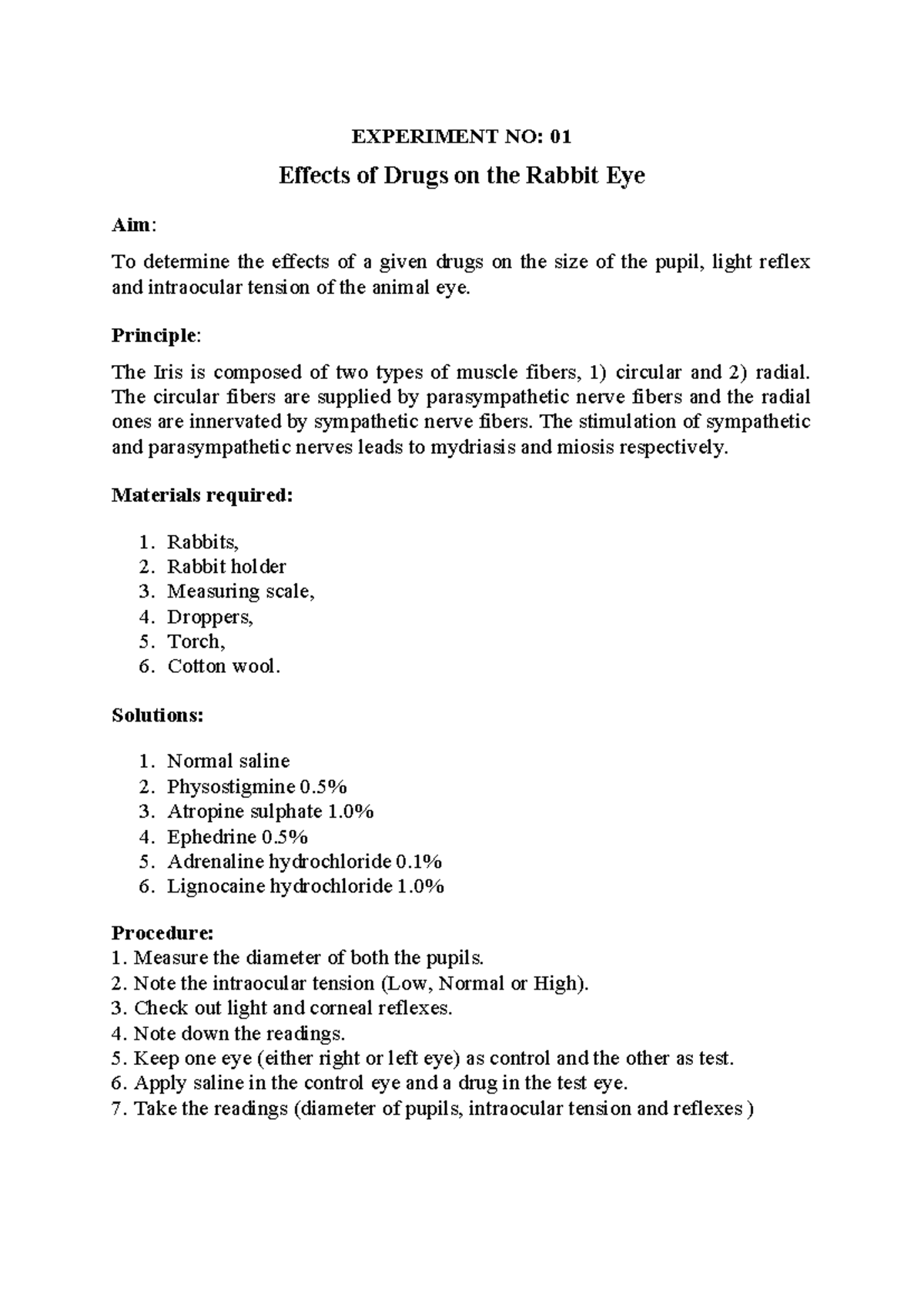 Pharmacology Practical Manual: Effects of Drugs on Rabbit Eye & CNS ...