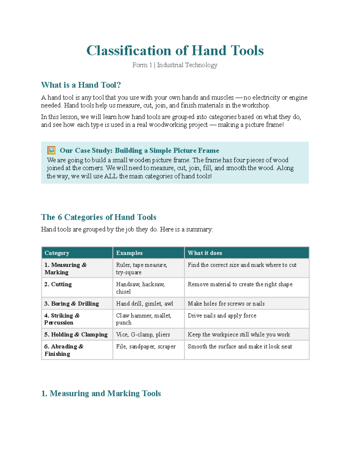 Classification of Hand Tools: Form 1 Industrial Tech Notes - Studocu