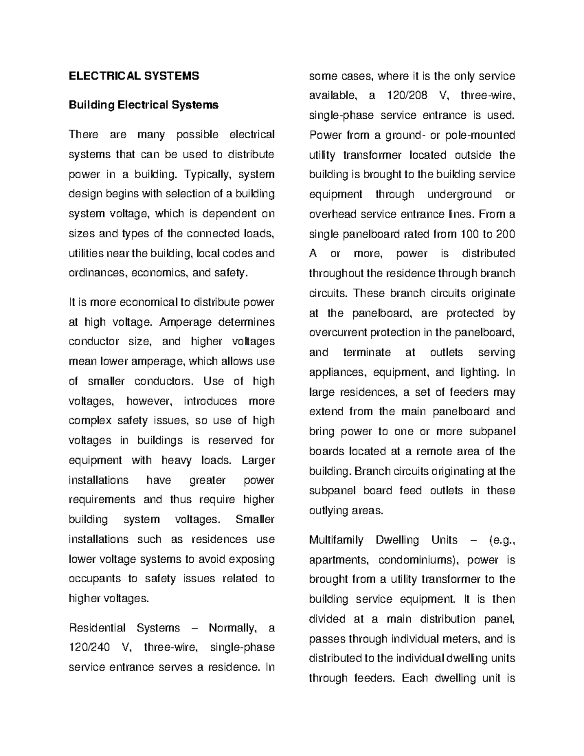 Electrical Systems - ELECTRICAL SYSTEMS Building Electrical Systems ...