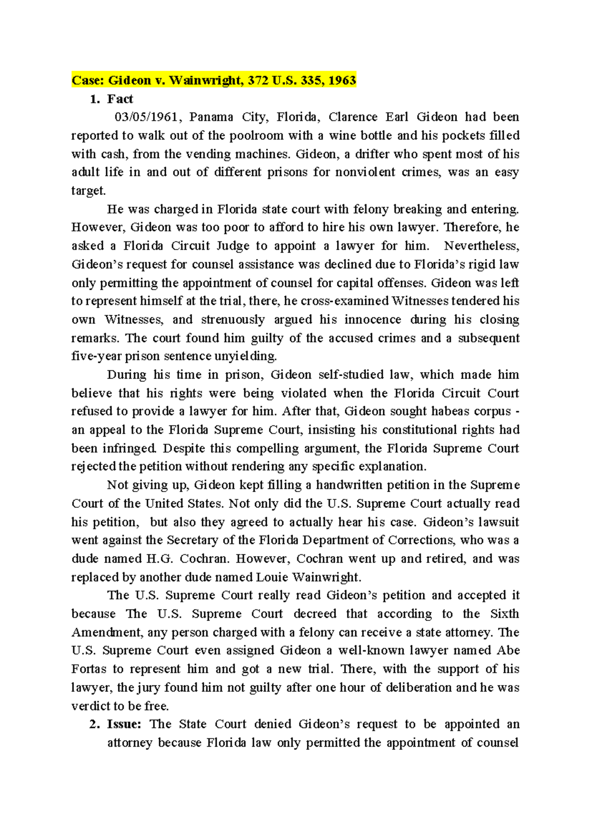 Gideon v. Wainwright: A Landmark Case on Right to Counsel in 1963 - Studocu