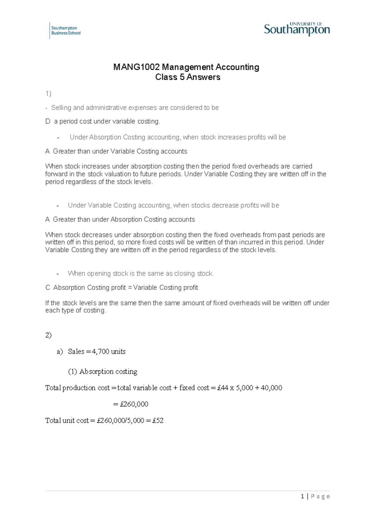 MANG1002 Management Accounting - Class 5 Answers & Notes - Studocu