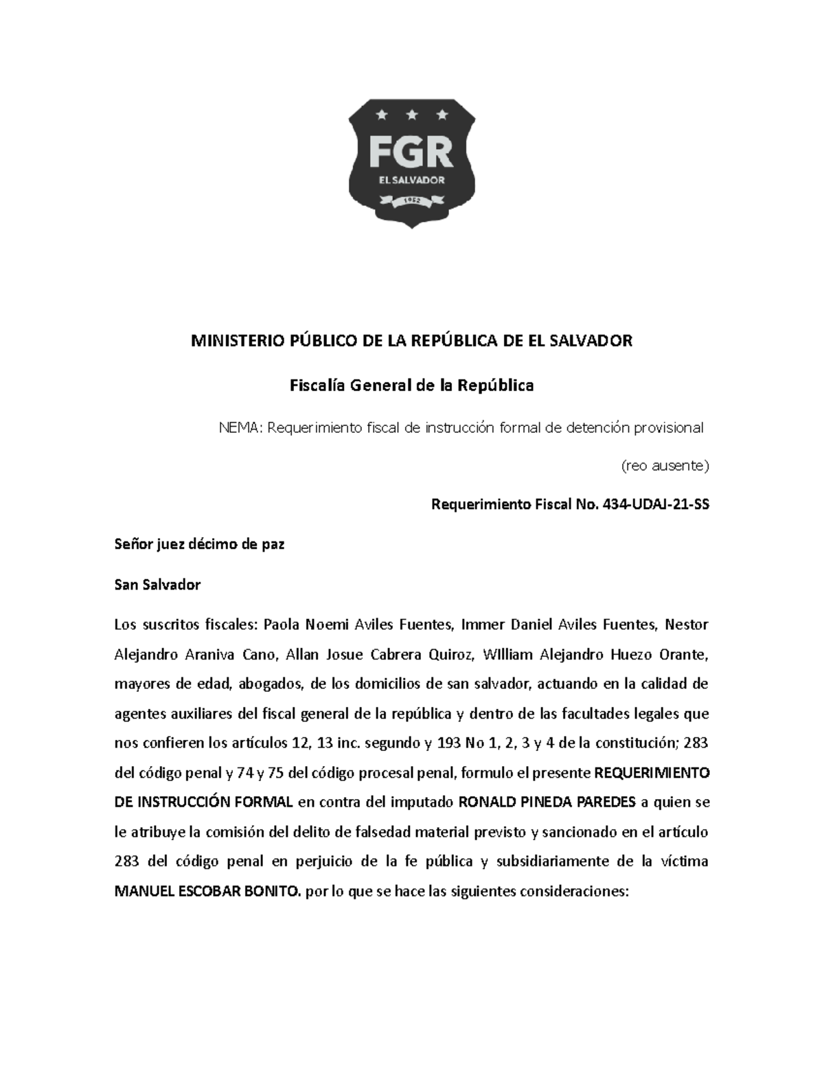 Requerimiento Fiscal No. 434-UDAJ-21-SS: Instrucción Formal de Detención - Document Preview