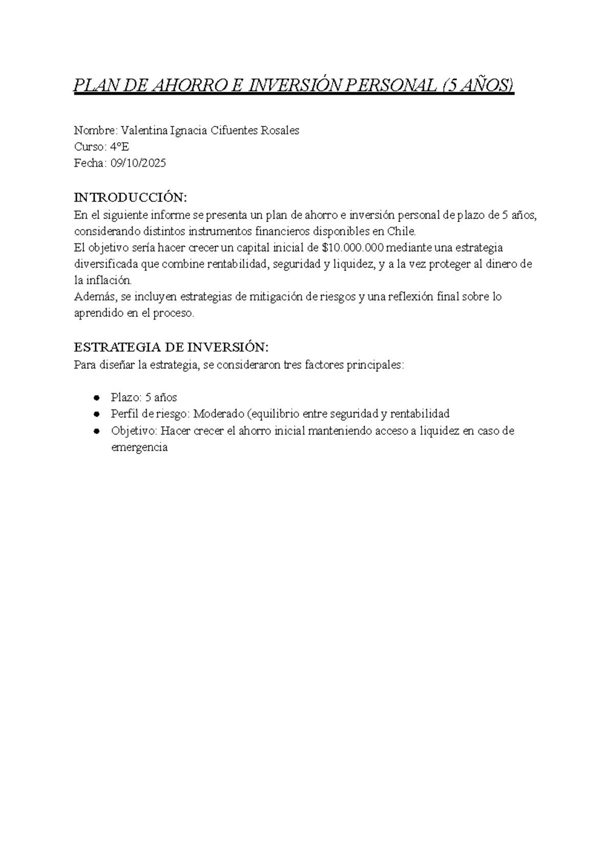 PLAN DE AHORRO E INVERSIÓN PERSONAL (5 AÑOS) - Trabajo Economía - Studocu