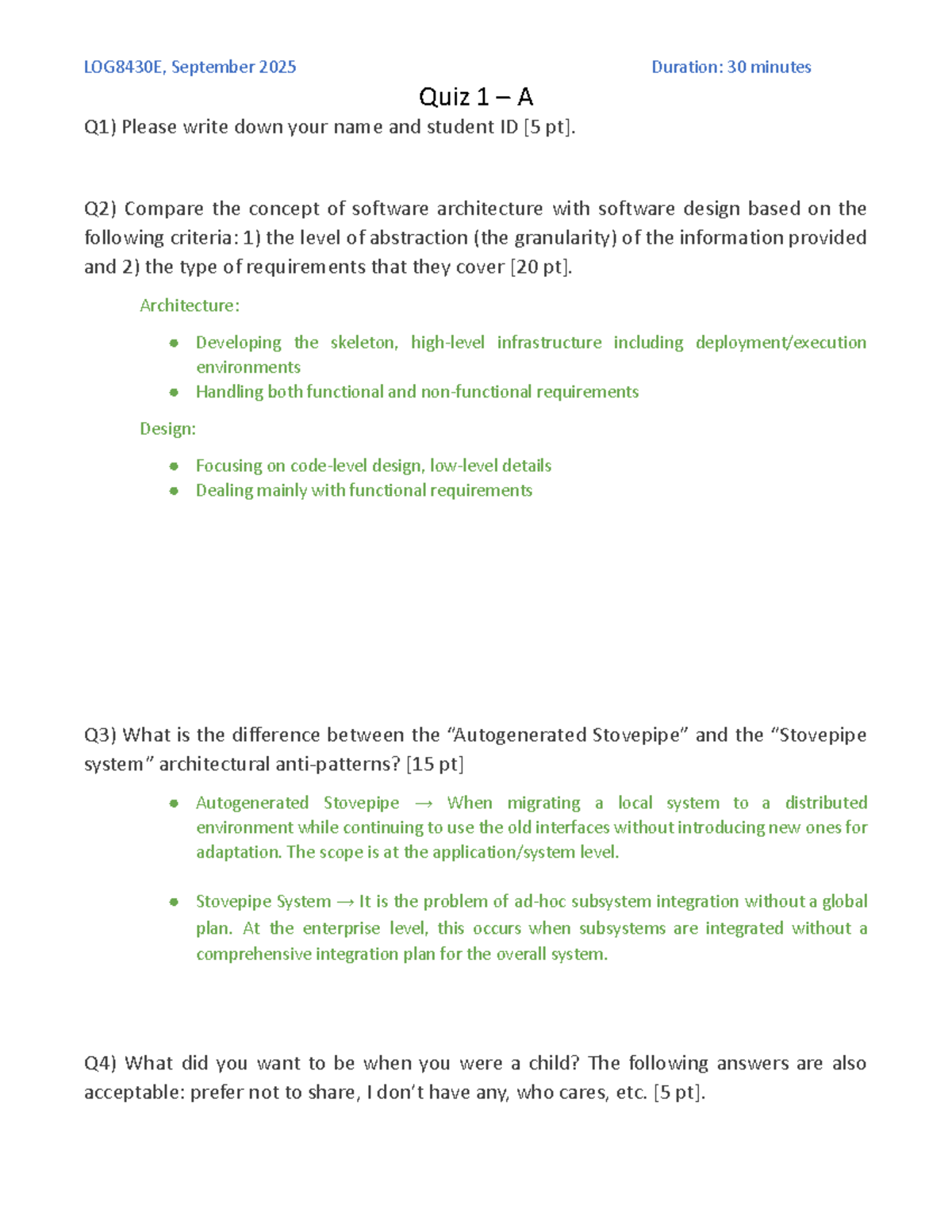 LOG8430E Quiz 1A: Software Architecture vs. Design Comparison - Studocu