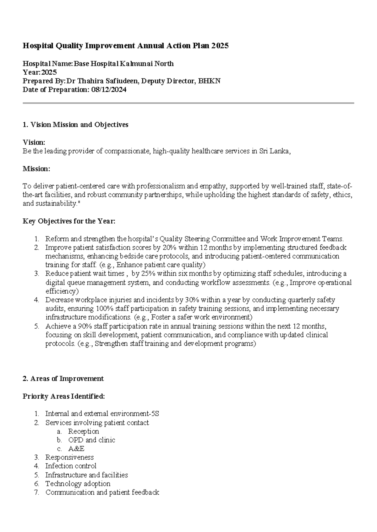 Hospital Quality Improvement Annual Action Plan 2025 - Vision Mission ...