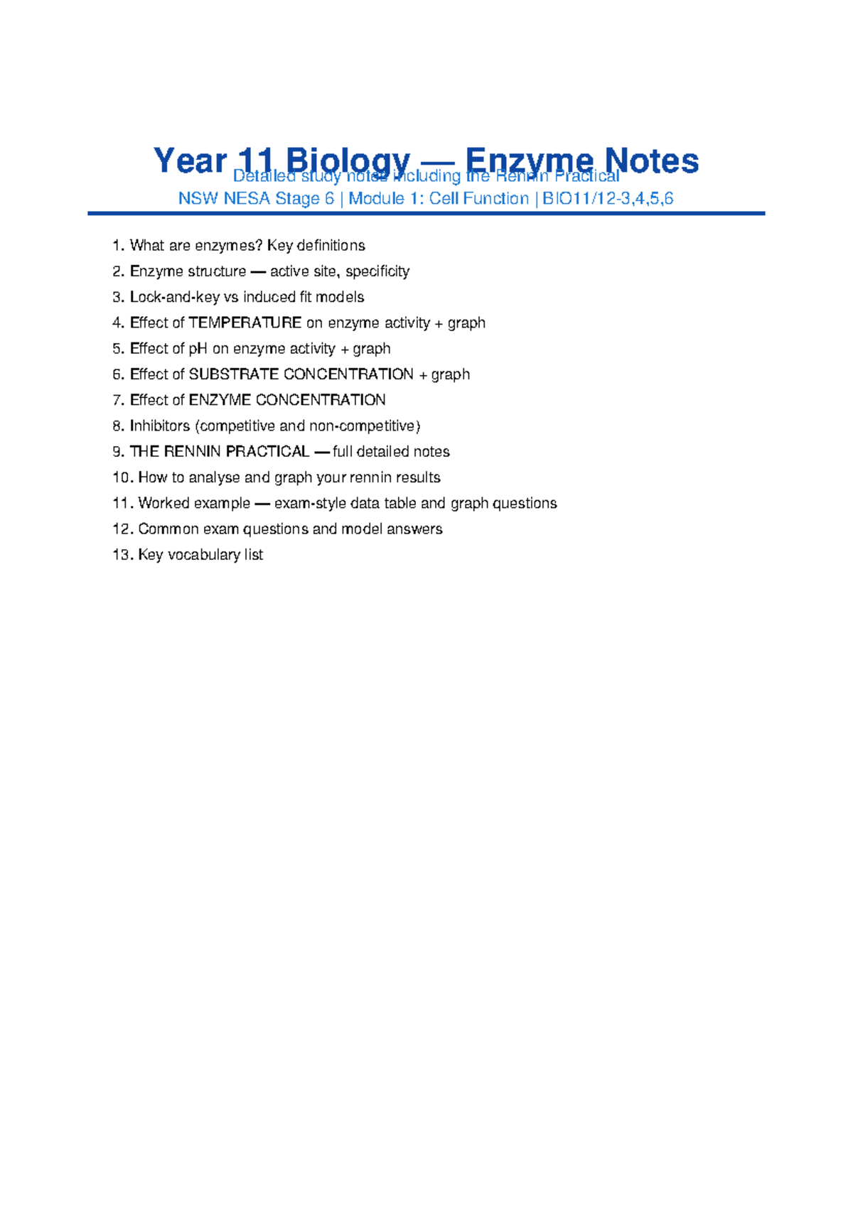 Bio 11 Enzyme Notes: Detailed Study on Rennin & Activity Factors - Studocu