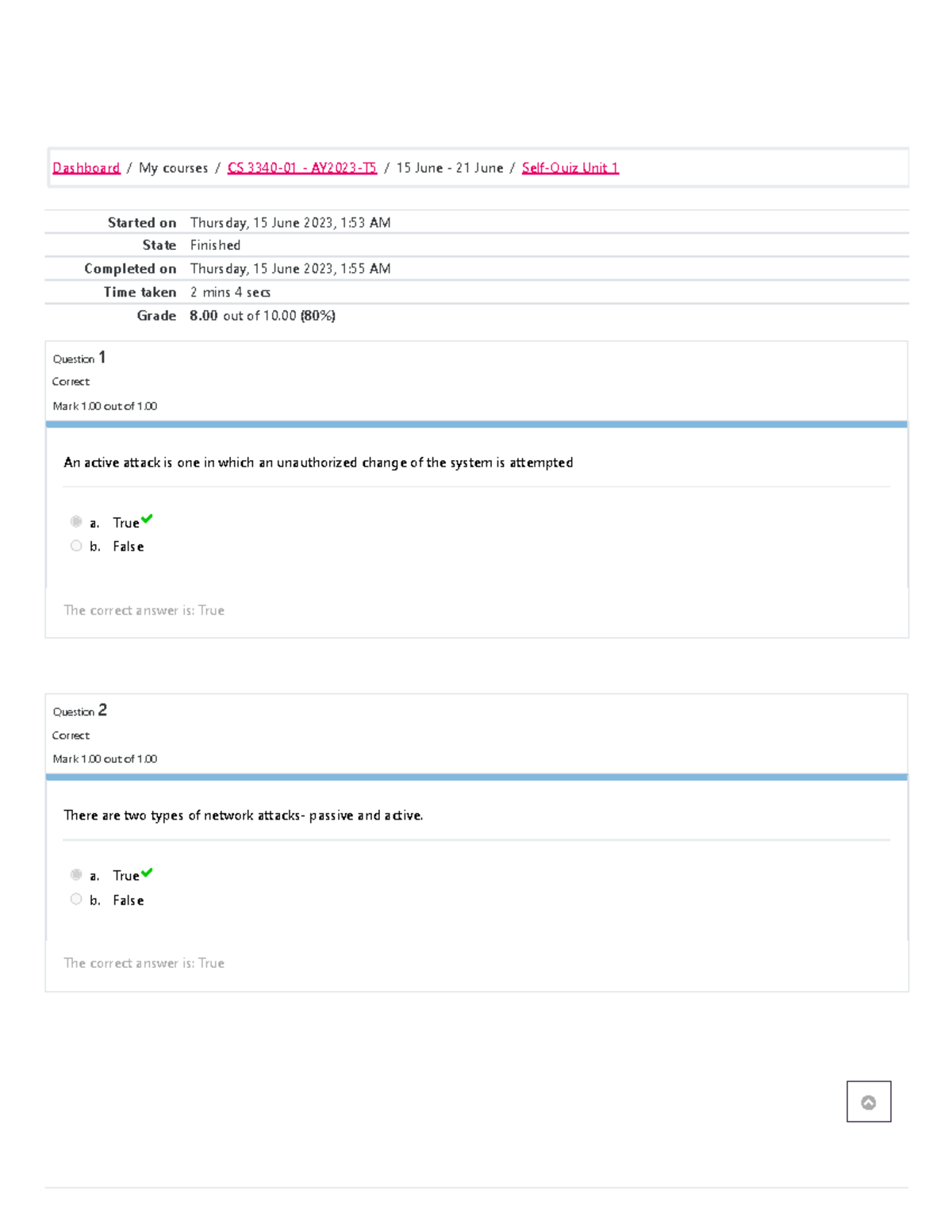 CS 3340-01 Self-Quiz Unit 1 Attempt Review and Results - Studocu