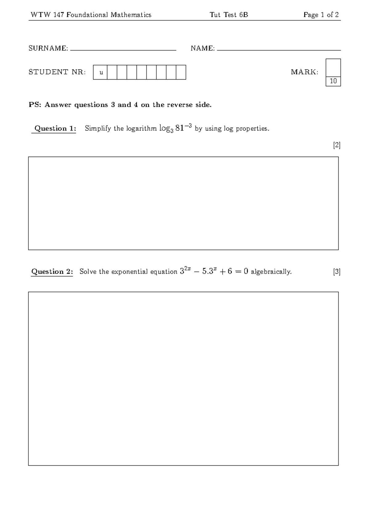 TT 6B - Memo - PHY 133 - WTW 147 Foundational Mathematics Tut Test 6B ...