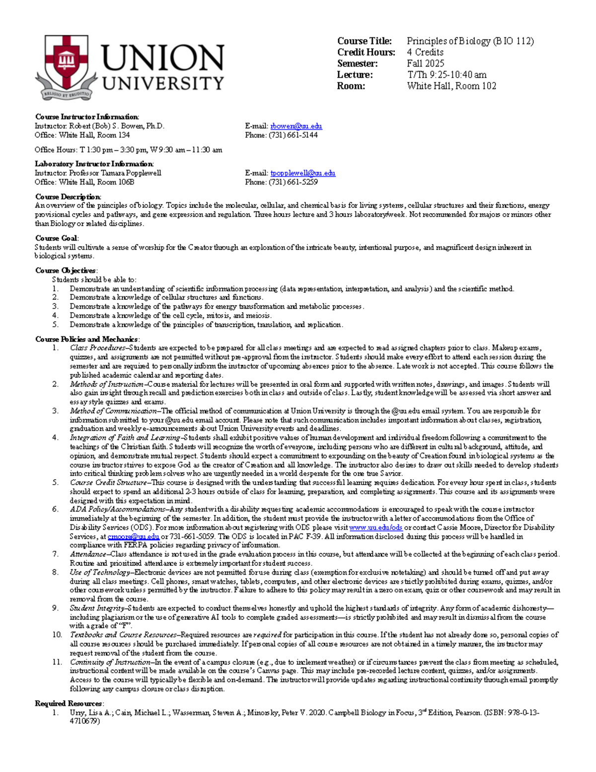 Principles of Biology Syllabus (BIO 112) - Fall 2025 Overview - Studocu