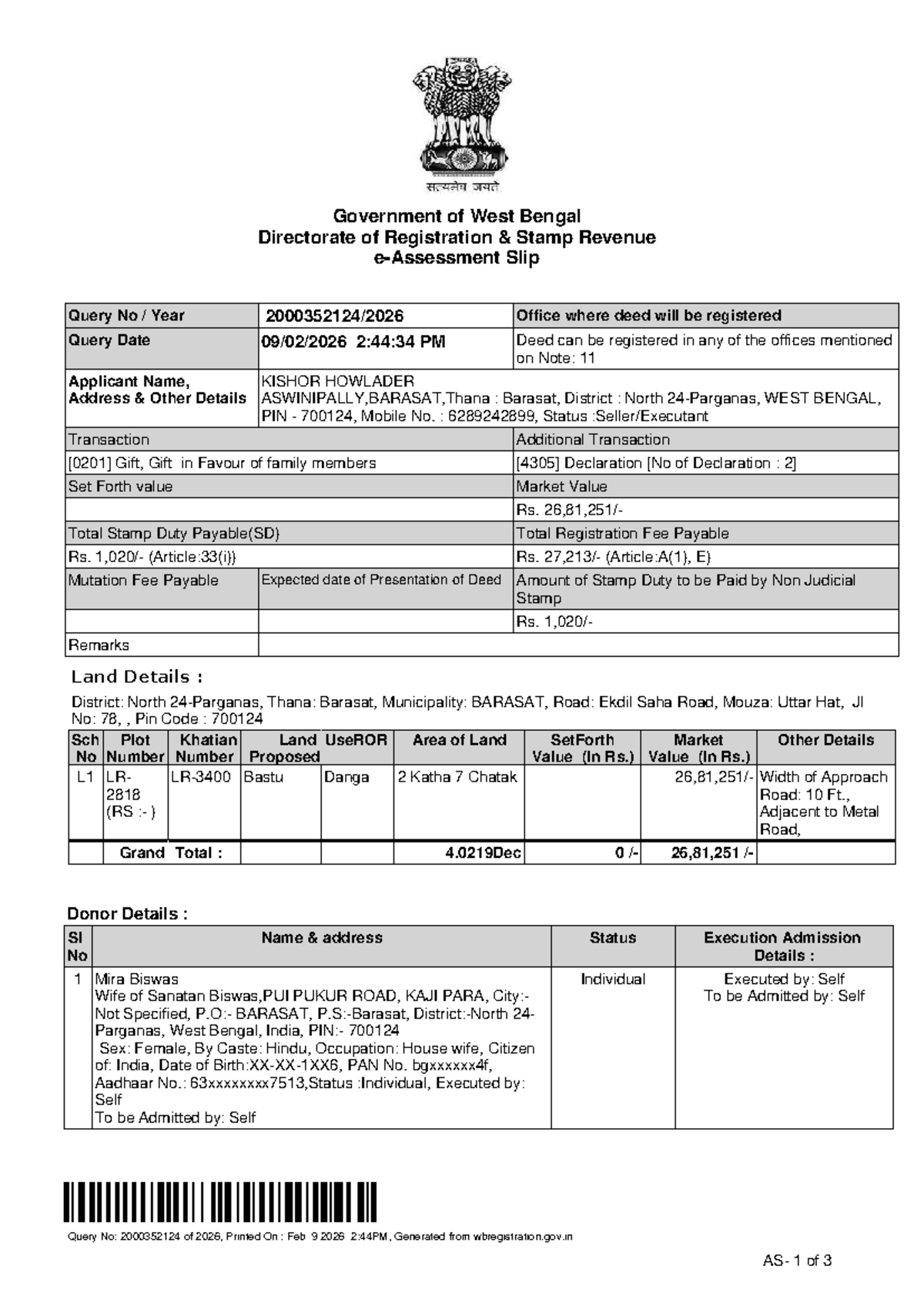 WB Registration Query Slip - Gift Deed Details for KISHOR HOWLADER ...