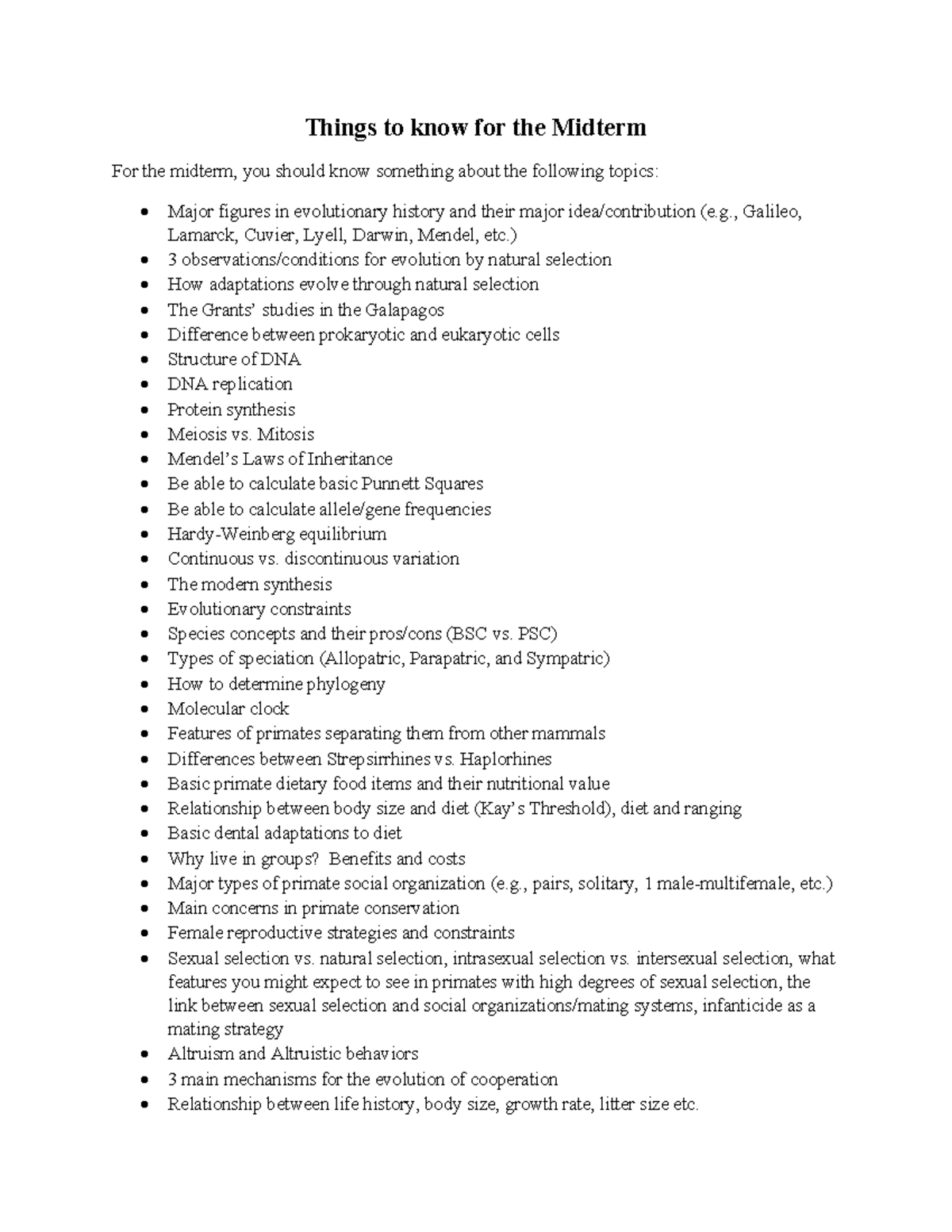 Midterm Exam Study Guide for Evolutionary Biology 2025 - Studocu