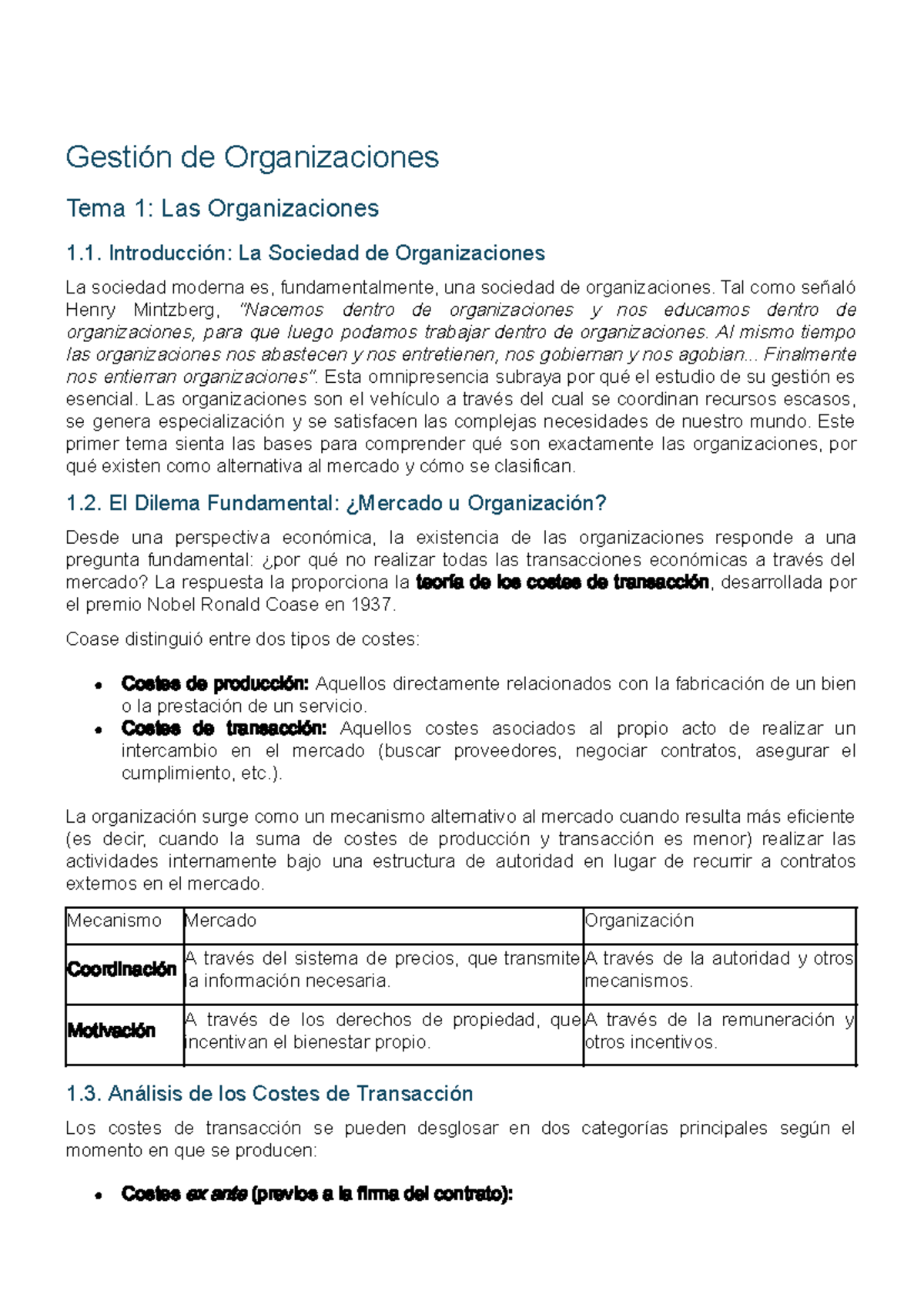 Gestión de Organizaciones: Apuntes Tema 1 y 2 - Studocu