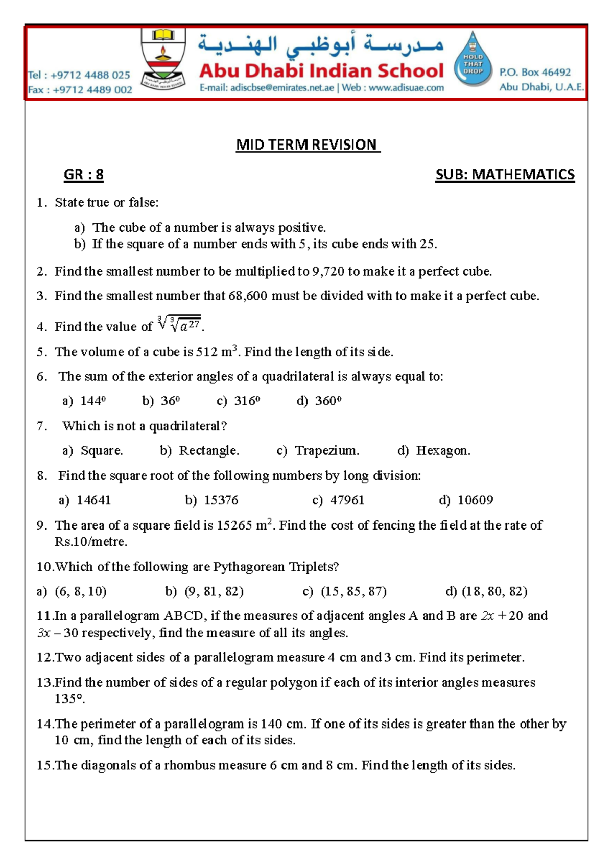 GR 8 MATH MID TERM Revision - Key Concepts & Problems - Studocu