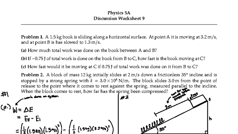 Physics 5A Discussion Worksheet 9: Work and Energy Problems - Studocu