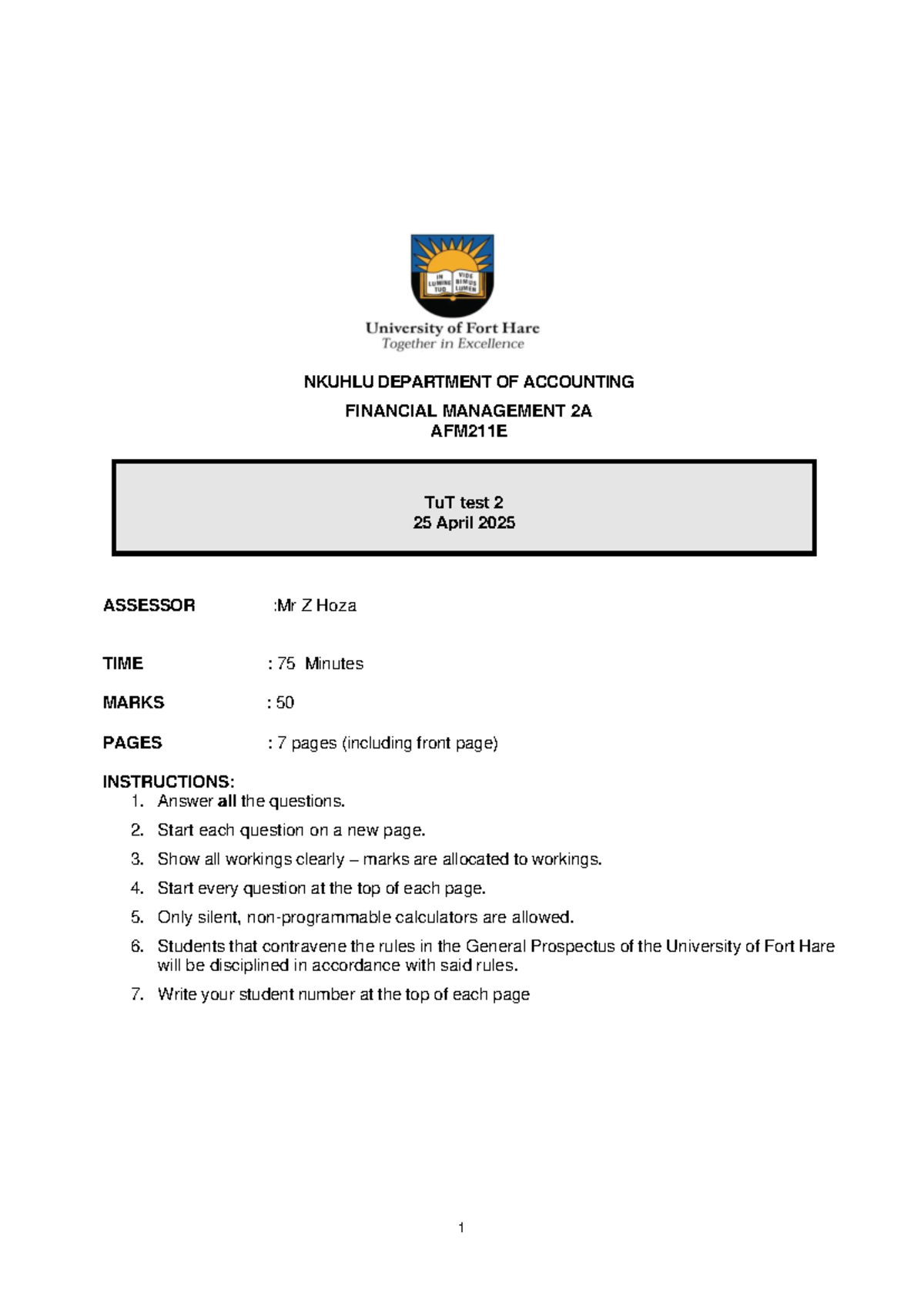 AFM211E Financial Management 2A Tut Test 2 - 25 April 2025 - Studocu