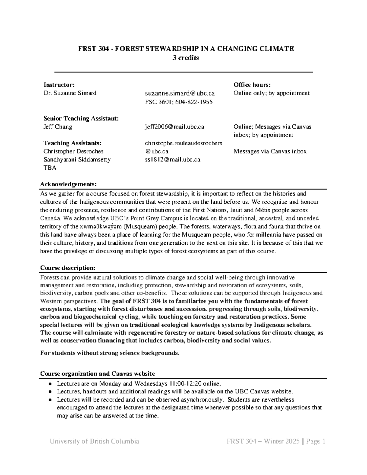 FRST 304 2025 Syllabus: Forest Stewardship & Climate Change - Studocu
