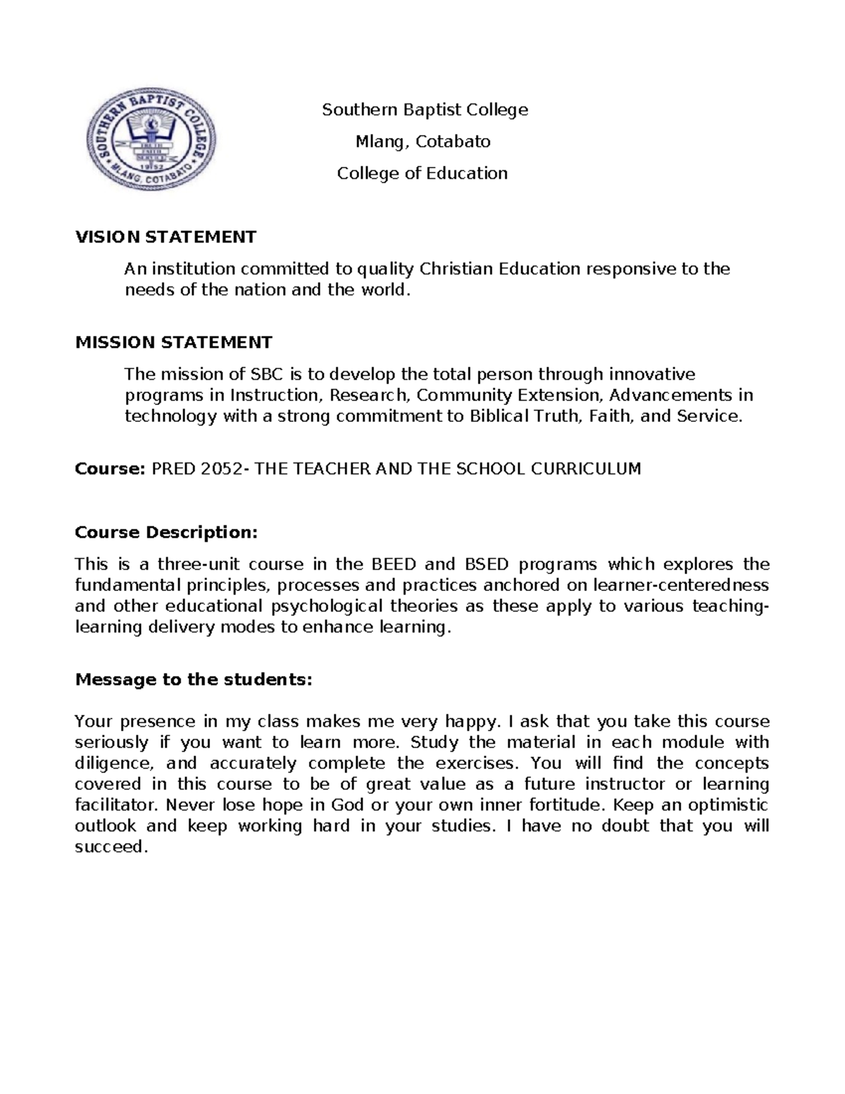 Novea Jane M. Suriaga - PRED Teacher & School Curriculum Module 1 - Studocu
