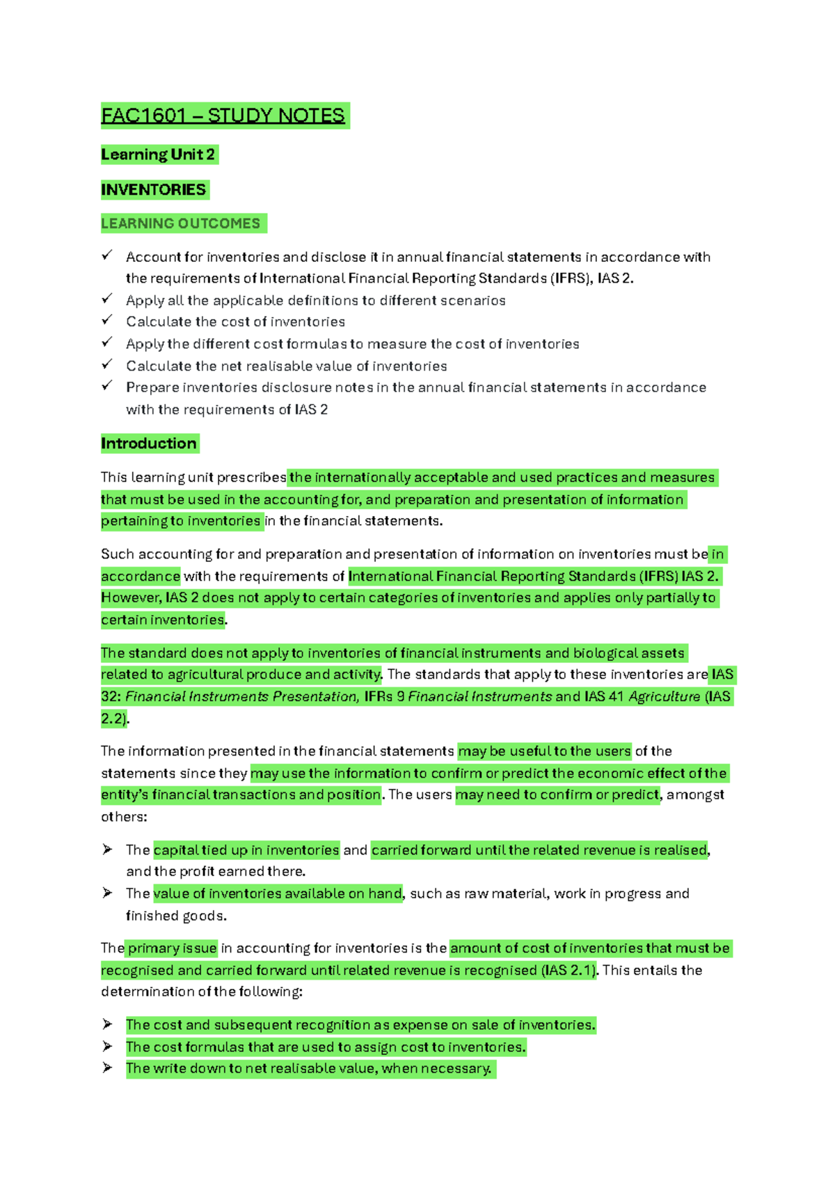 FAC1601 STUDY NOTES: Learning Unit 2 - Accounting for Inventories - Studocu