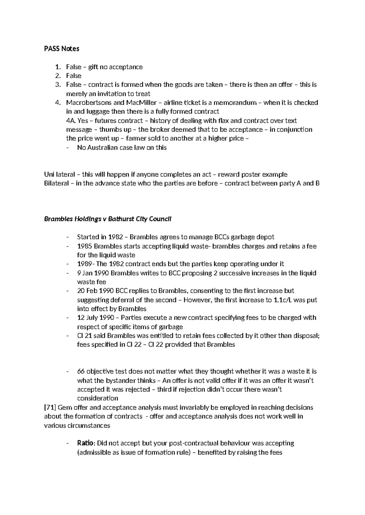 PASS Notes: Contract Formation & Acceptance Analysis - Studocu