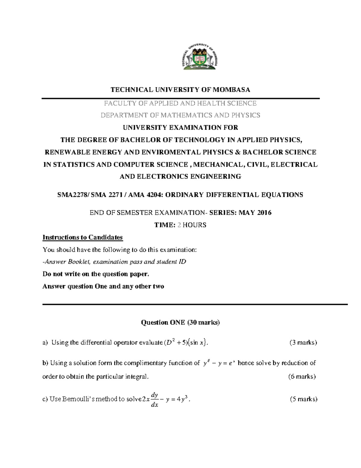 SMA 2271 & AMA 4204: Ordinary Differential Equations Exam Notes - Studocu