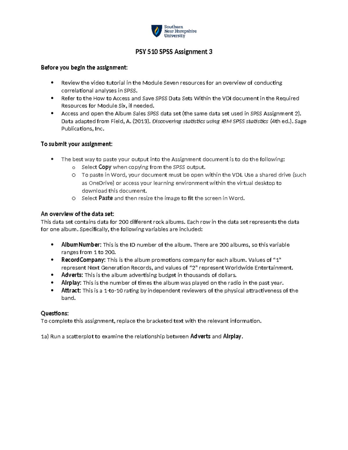 PSY 510 SPSS Assignment 3: Correlational Analysis with Album Data - Studocu