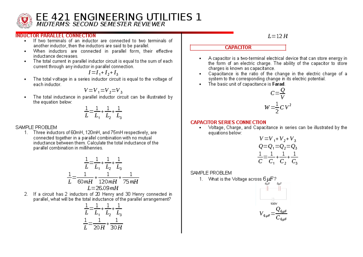 Notes - MIDTERMS: SECOND SEMESTER REVIEWER INDUCTOR PARALLEL CONNECTION ...