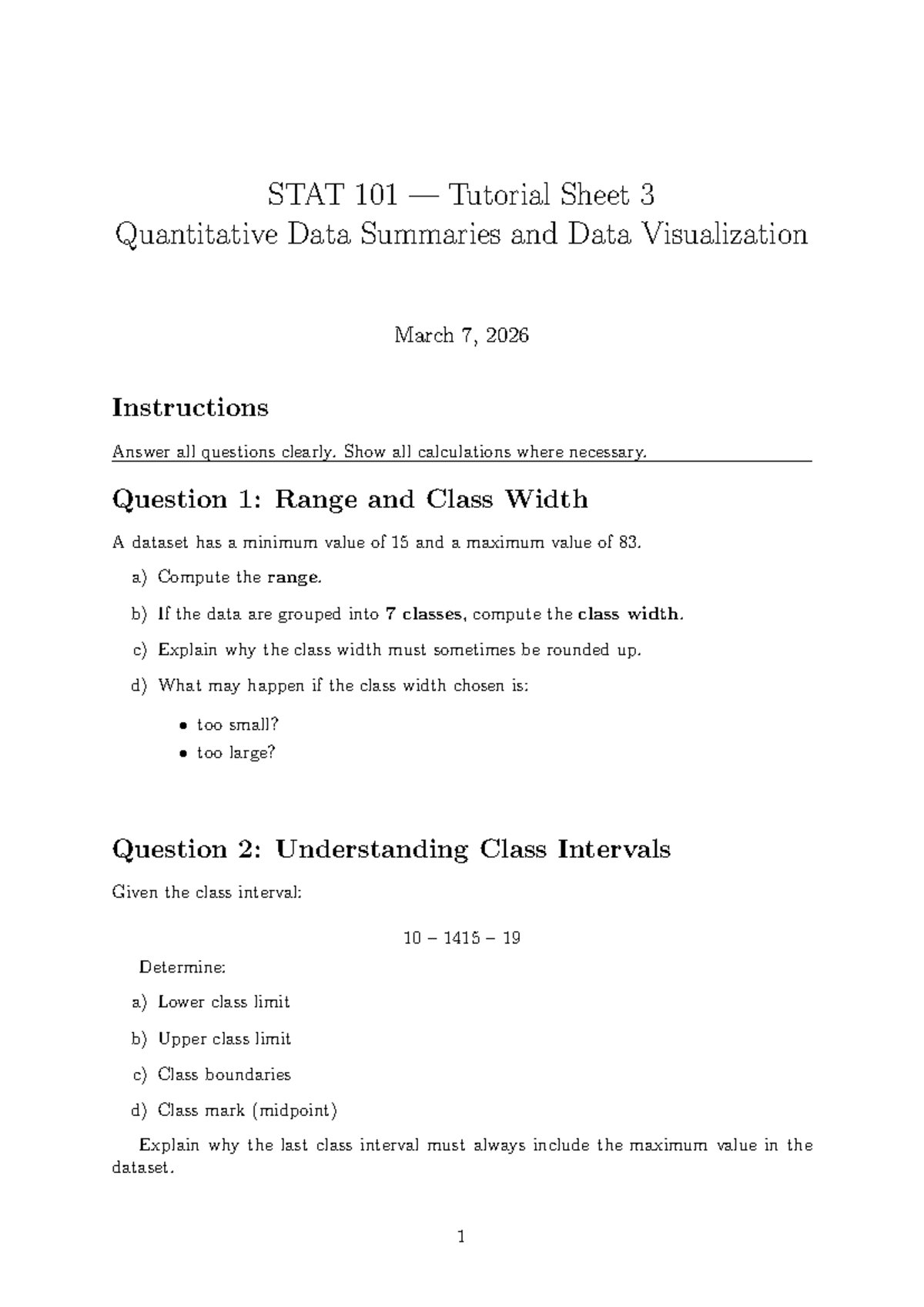 STAT 101 Tutorial 3: Quantitative Data Summaries & Visualization - Studocu