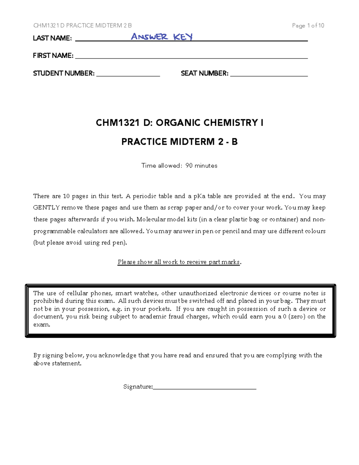 CHM1321 D: Organic Chemistry I Practice Midterm 2 B Answer Key - Studocu