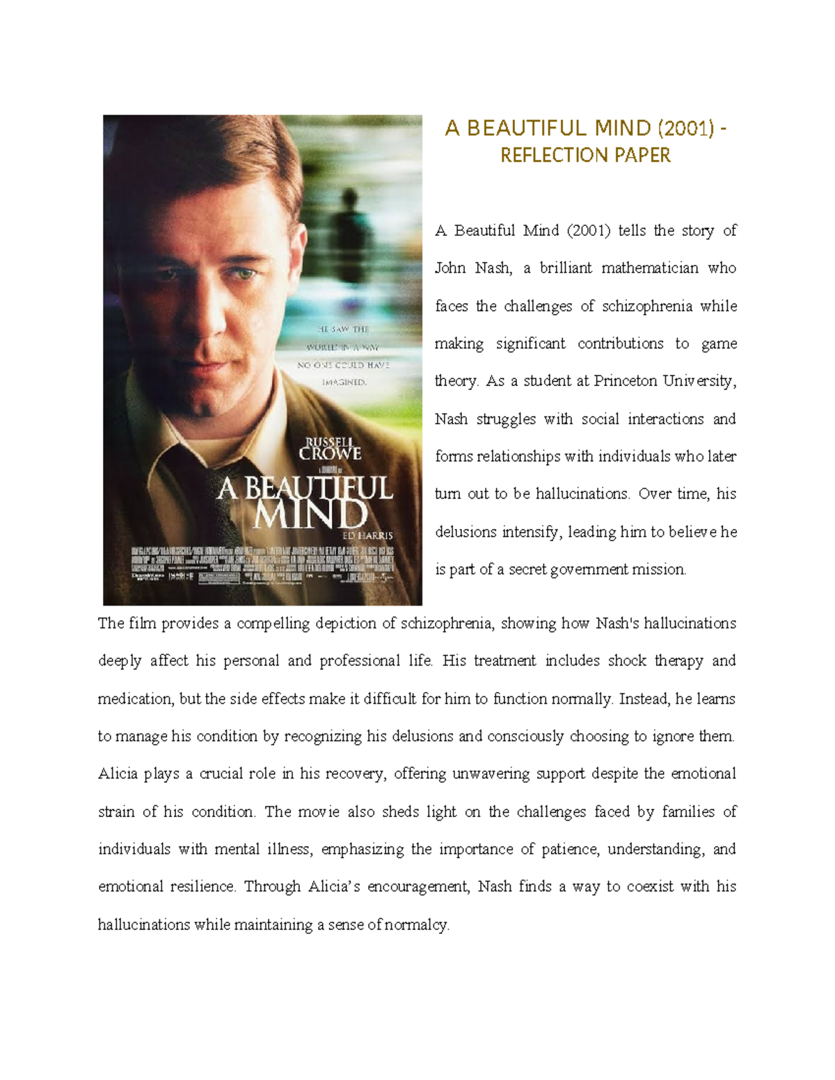 Reflection paper on A Beautiful Mind (2001) and mental health ...