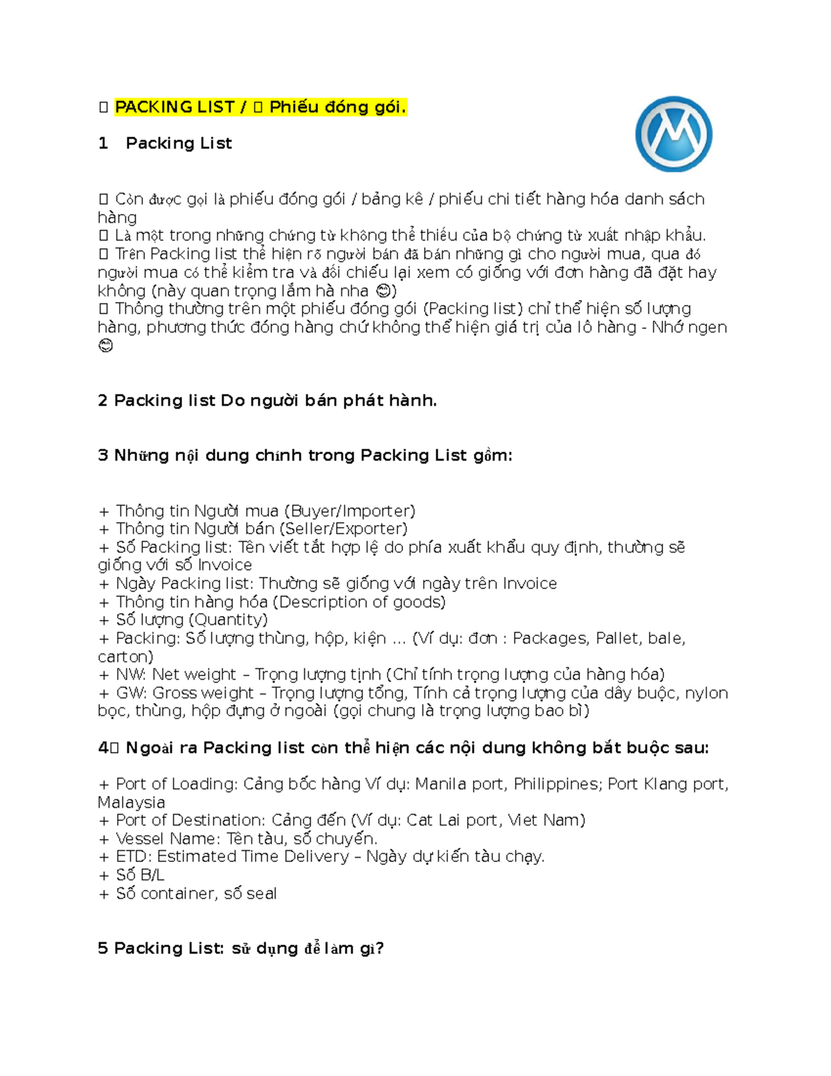 Packing List Overview - Logistics & Supply Chain Management - Studocu