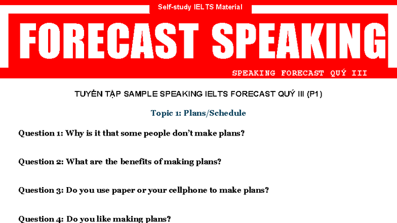 IELTS Speaking Forecast Q3 2025: Sample Questions & Topics - Studocu