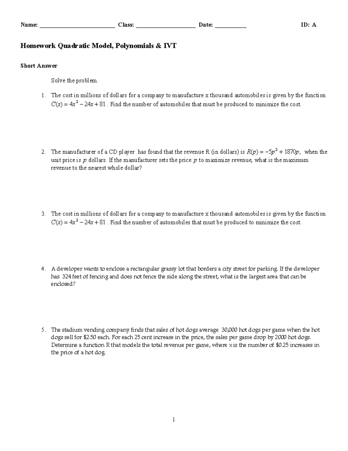 Homework 2 - Quadratic Models, Polynomials & IVT Practice - Studocu