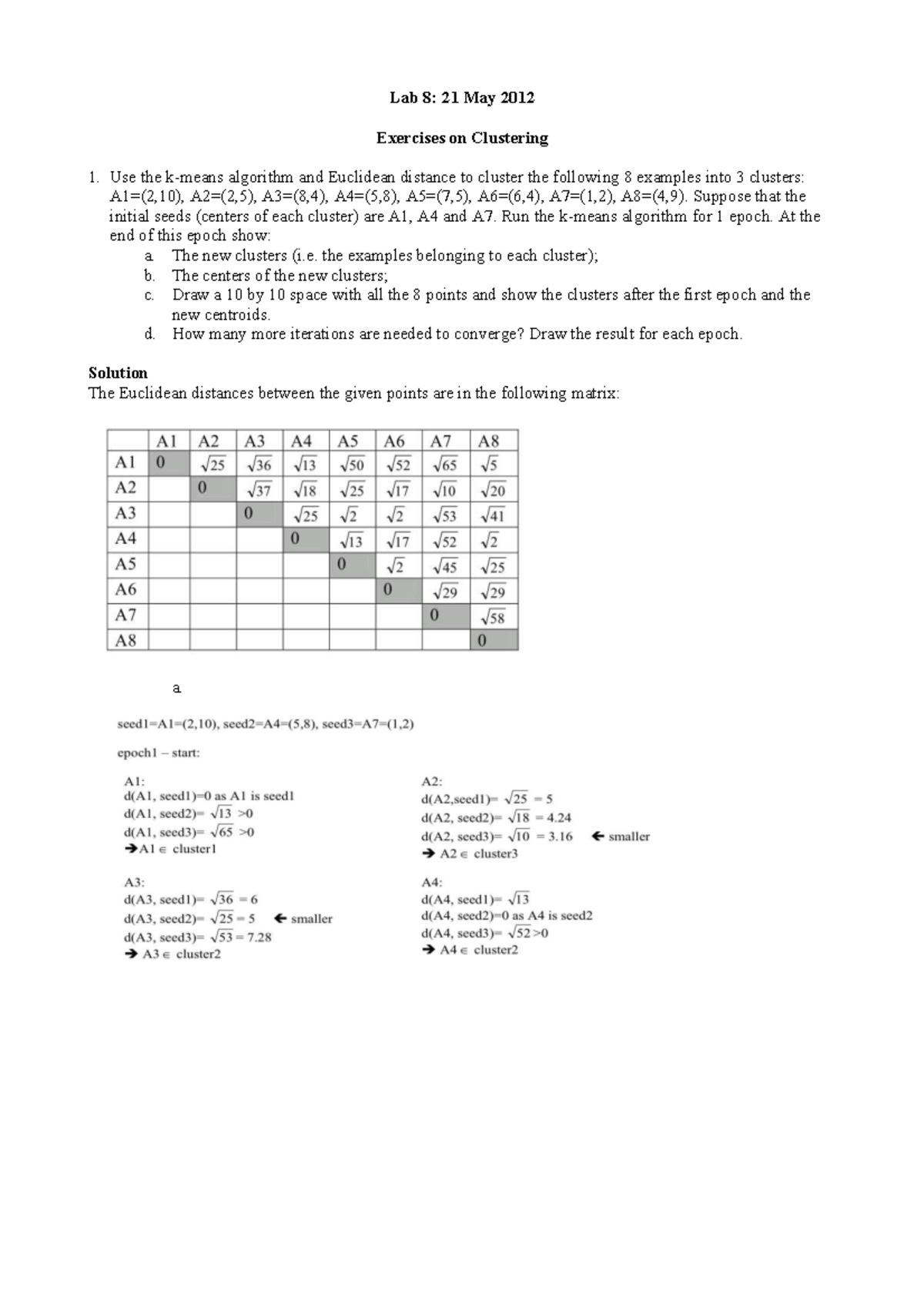 ML 2012 Lab 08: Clustering Exercises and Solutions - Studocu