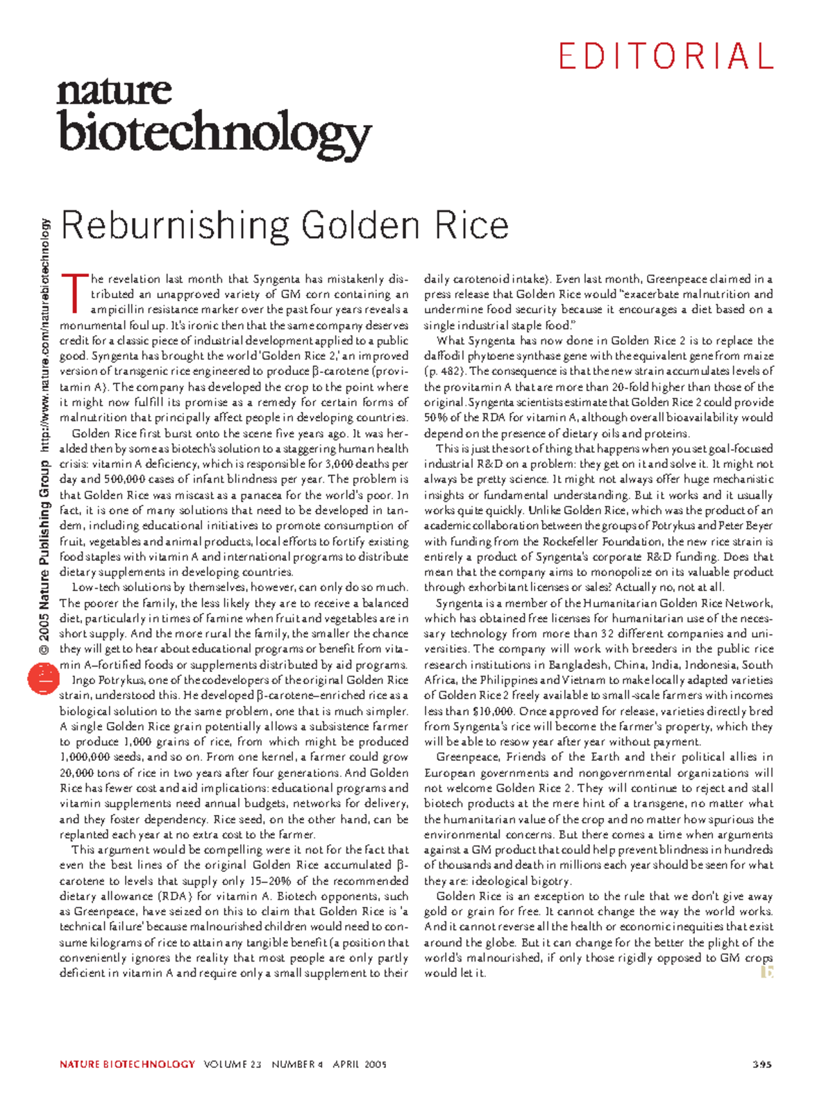 Revisiting Golden Rice: Nature Biotechnology Editorial 2005 - Studocu