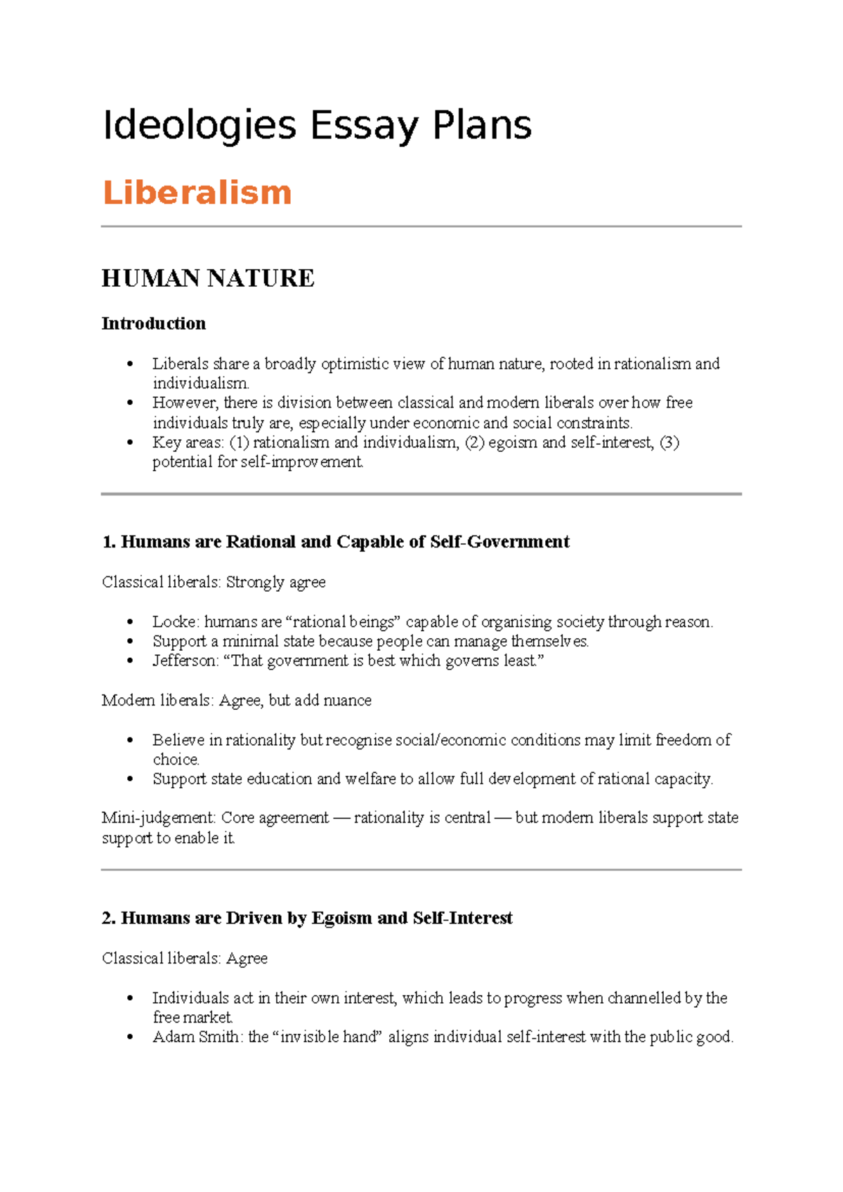 Liberalism Essay Plans: Exploring Human Nature and the Role of the ...